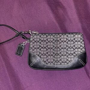 Vtg Coach Black Gray Canvas Leather Wristlet Wallet Monogram Bag Pouch